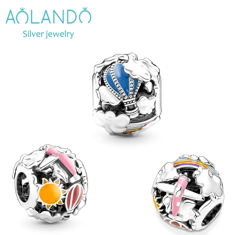 Factory Wholesale S925 Sterling Silver Beaded Travel Rainbow Sky Balloon Pendant For Women Gift For Pandoraer Charm Bracelet