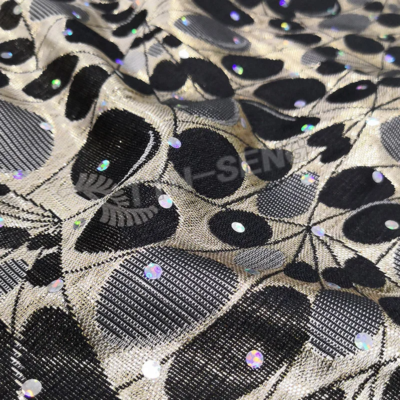 Black Gold Brocade Fabric with Shiny sequins for home Upholster