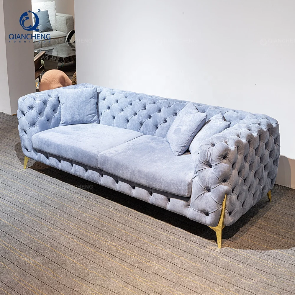 QIANCHENG cheap living room sofas de sala fabric upholstery chesterfield velvet sofa set furniture luxury living room