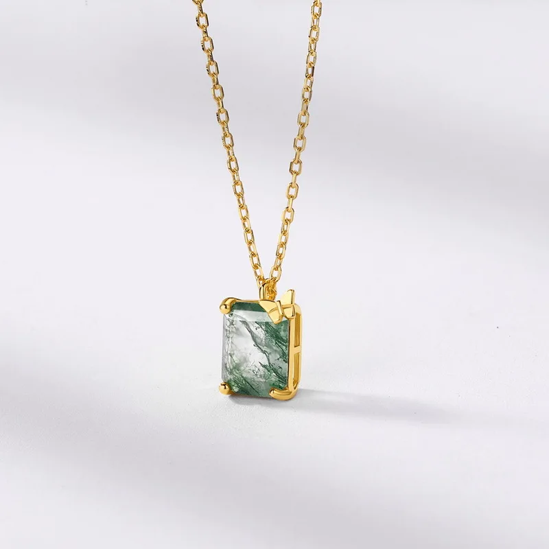 S925 sterling silver Simple Rectangular Shaped Green Moss agate Pendant necklace jewelry