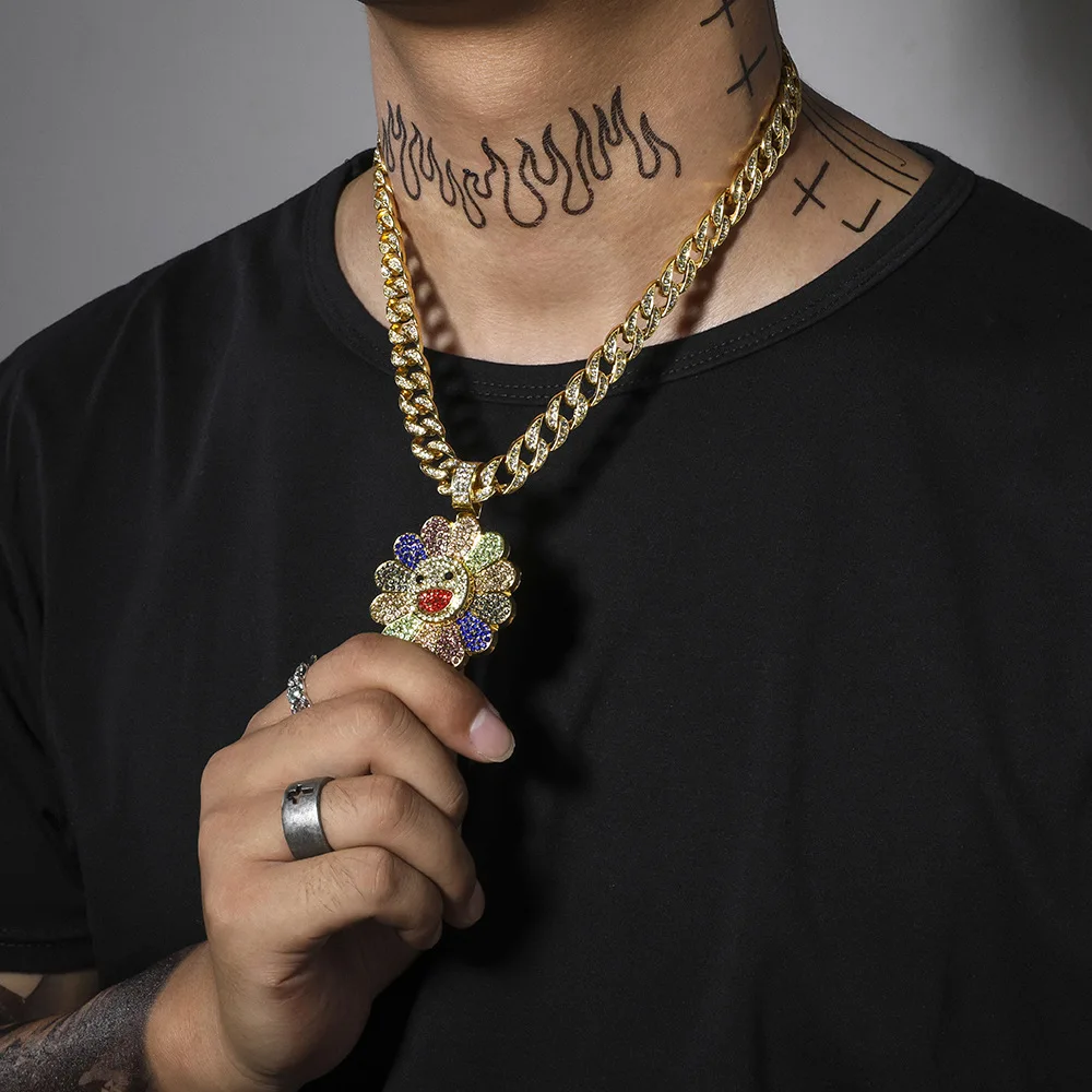 Hip Hop Ice Out Cuban Link Necklace Rotating Colorful Diamonds Sun Flower