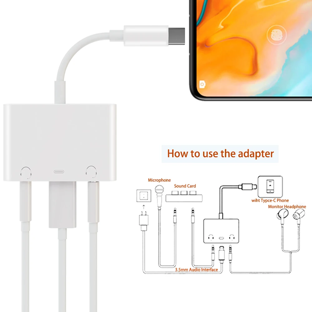 3 in 1 Type-c to 3.5mm Audio Adapter to Headphone Jack for Listening and Charging