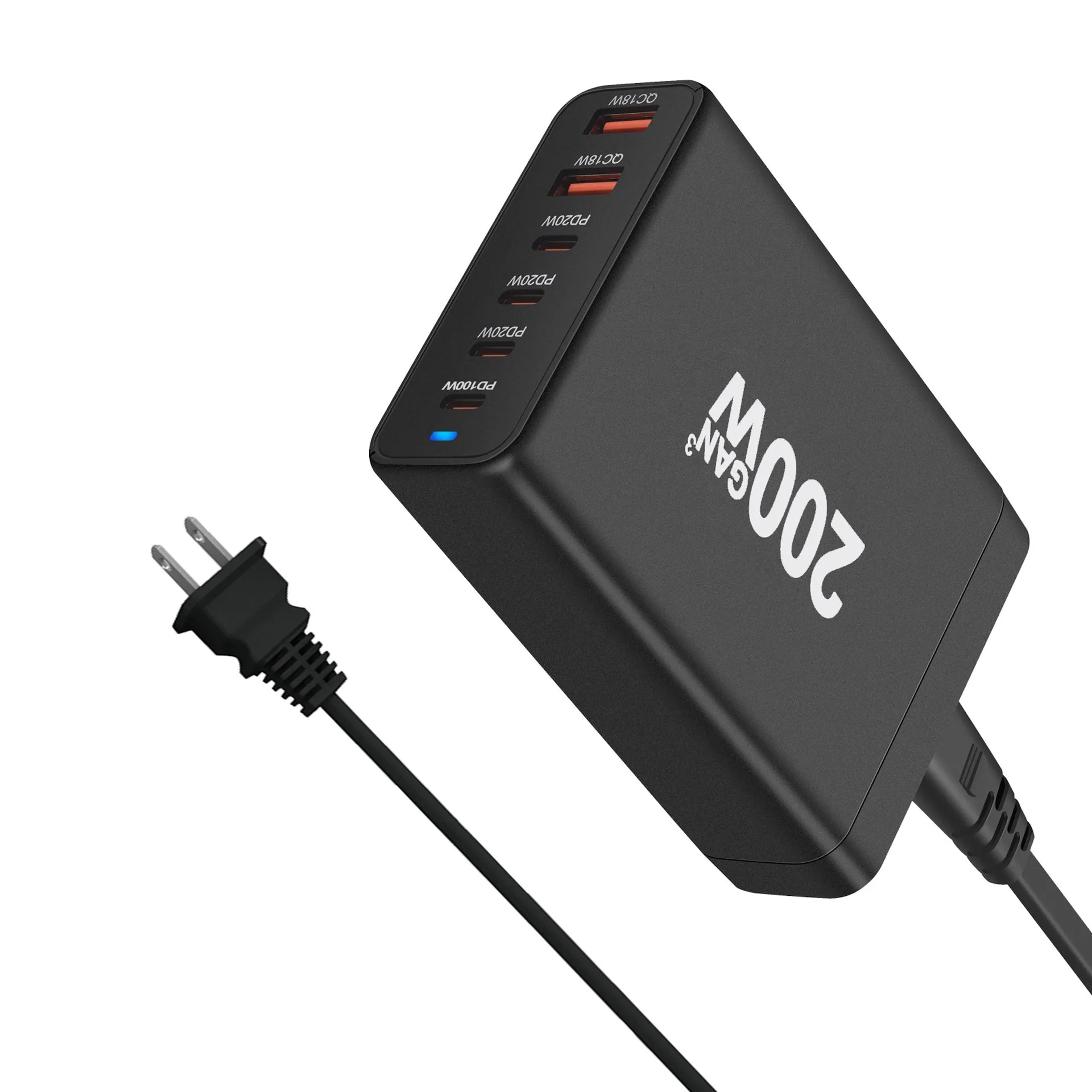 wonplug Portable World travel charger 6USB wall charger adapter GaN USB C Charger 200W Type C 4C2A 6-Port Fast Charging Station