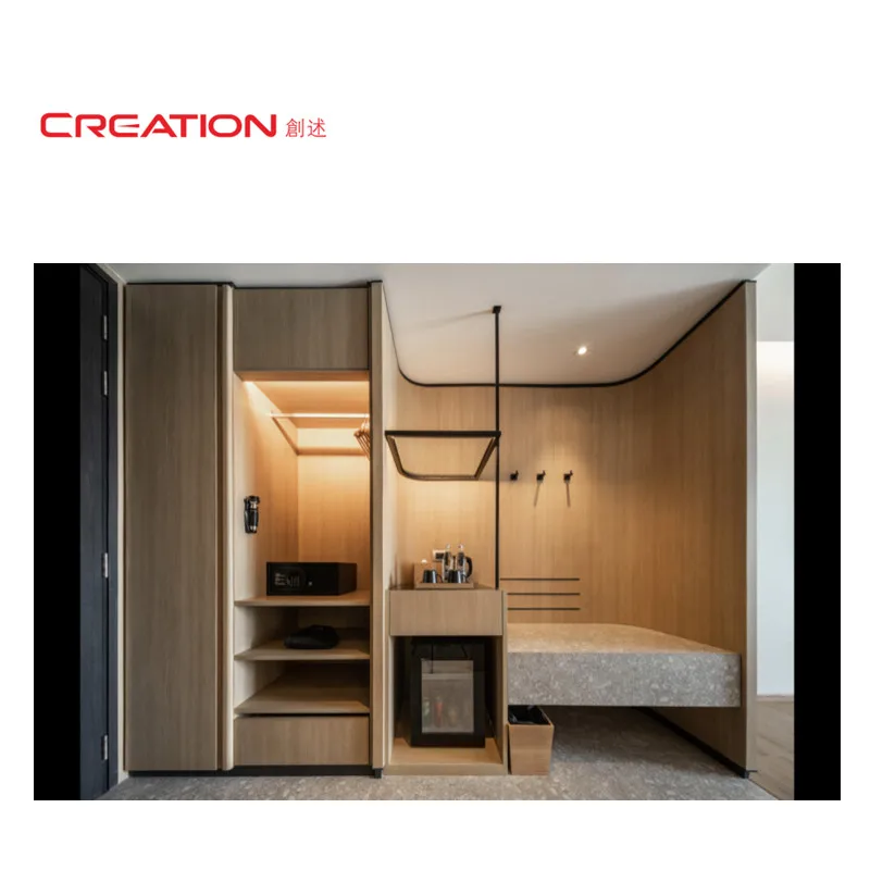 CREATION  HIN Hotel Modern Oak Wood Finish Hotel Wardrobe Furniture For Project
