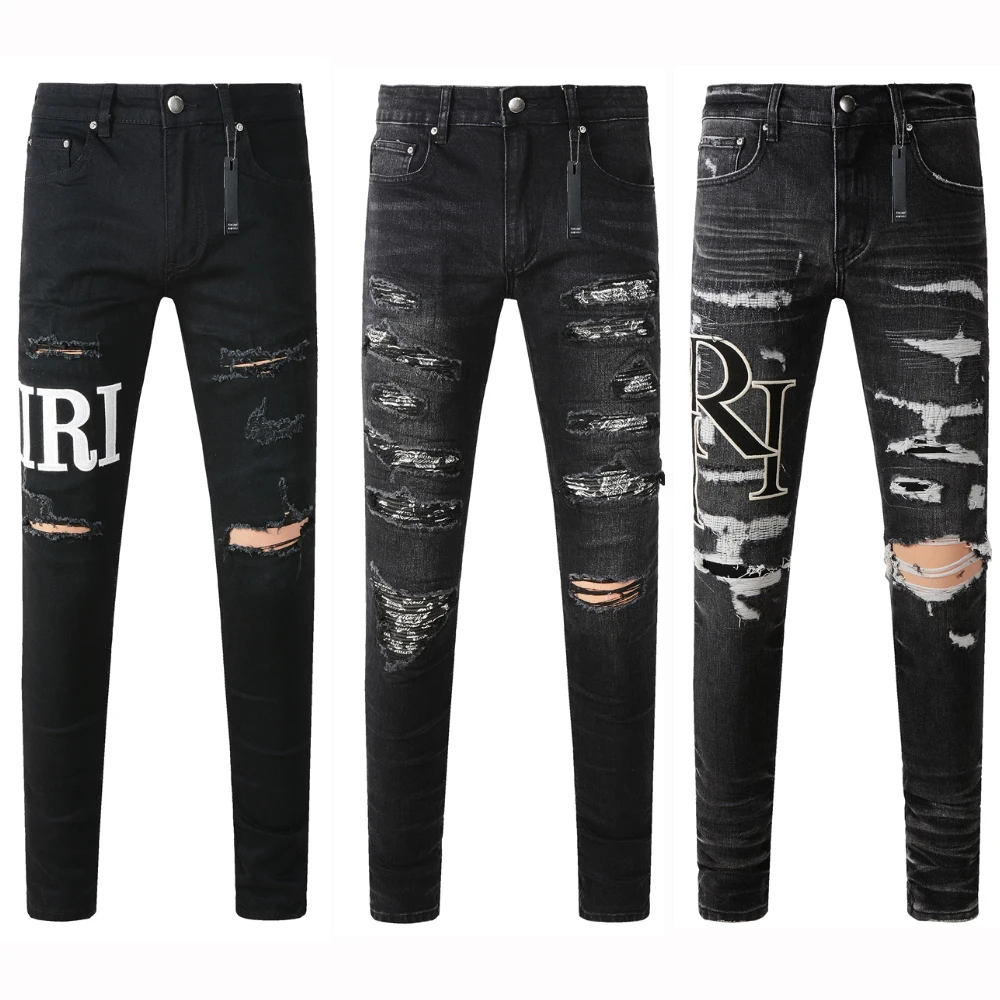 Designer jean Amiry mens trousers biker embroidery ripped for trend cotton fashion jeans men slim pants black hip purple jeans