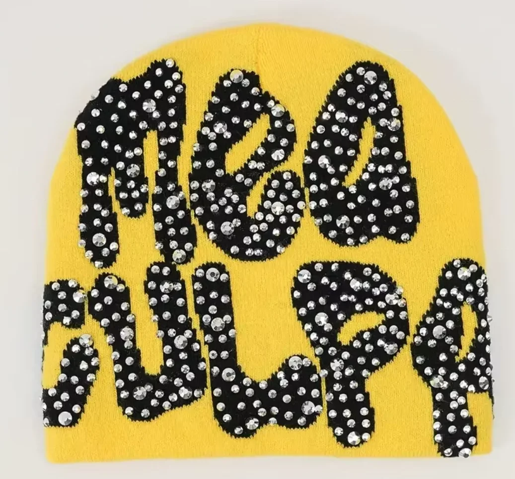 Wholesale Skull Acrylic Knit Winter Hat custom beanie cap Shiny Custom Logo Soft Luxury Jacquard Rhinestone Beanie