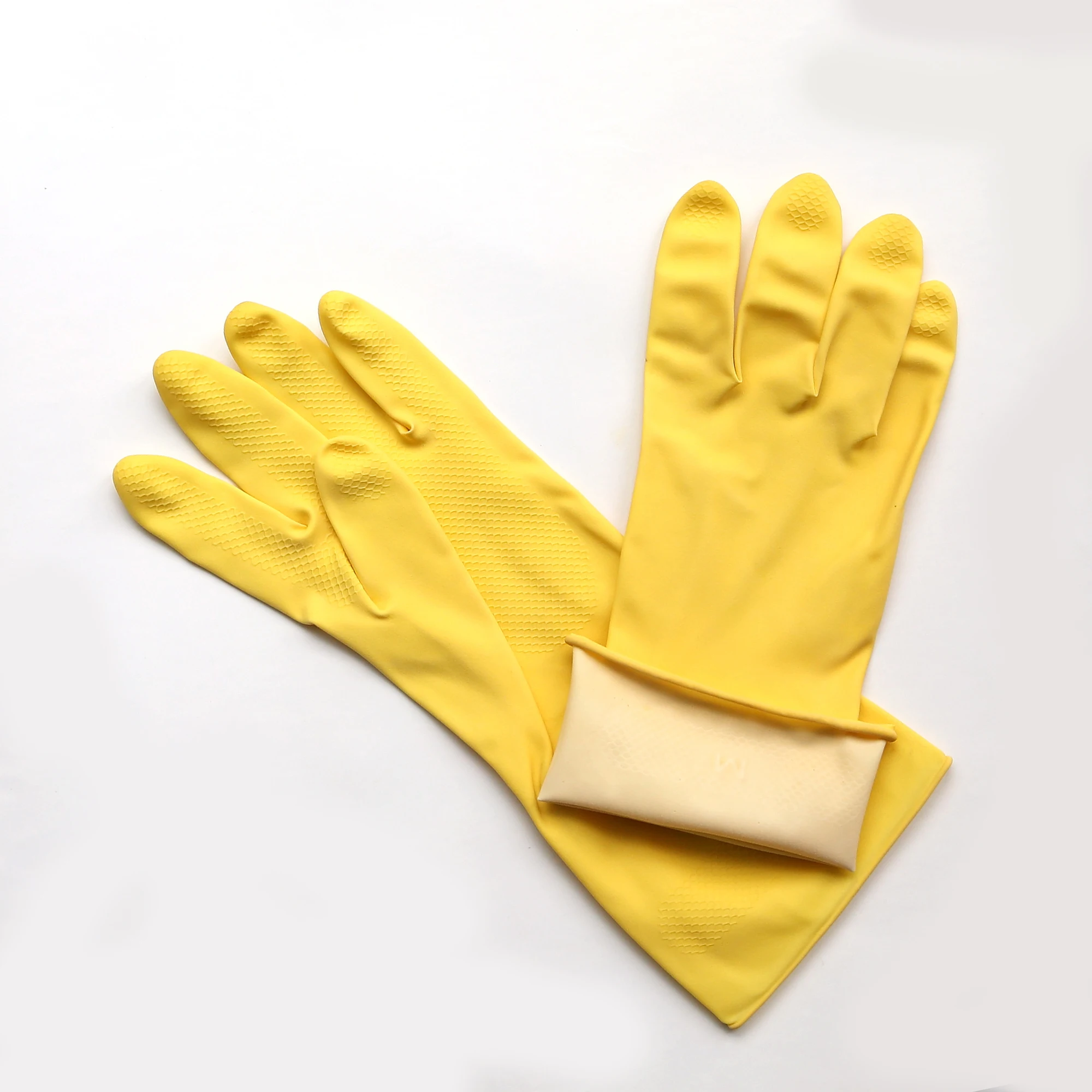 Economy Yellow Household Rubber Latex Cotton Flock Lined Gloves Dishwashing Gloves