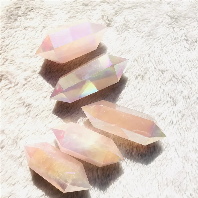 Wholesale natural crystal quartz point  angel aura rose quartz point double terminated for home decoration