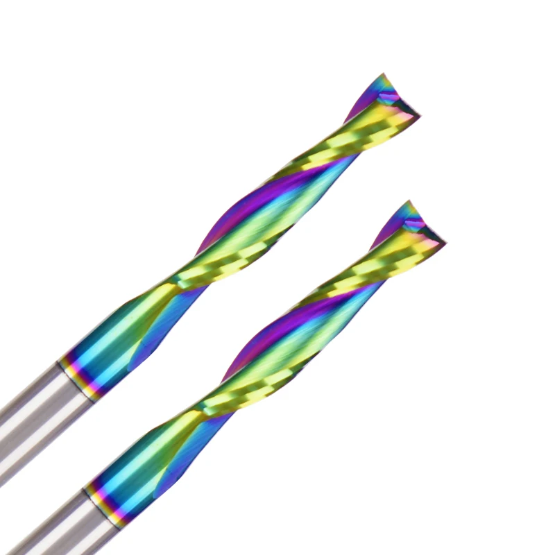 China Factory CNC Router Bit Two Flutes Spiral End Mill Cutters Up Cut Down Cut Milling Cutter with DLC Rainbow Coating