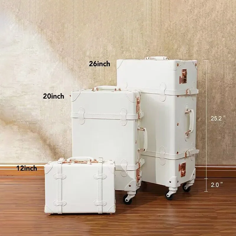 OEM ODM Custom Sophisticated White PU Leather Spinner Suitcase Set 3pcs with Retro Style and Secure TSA Lock