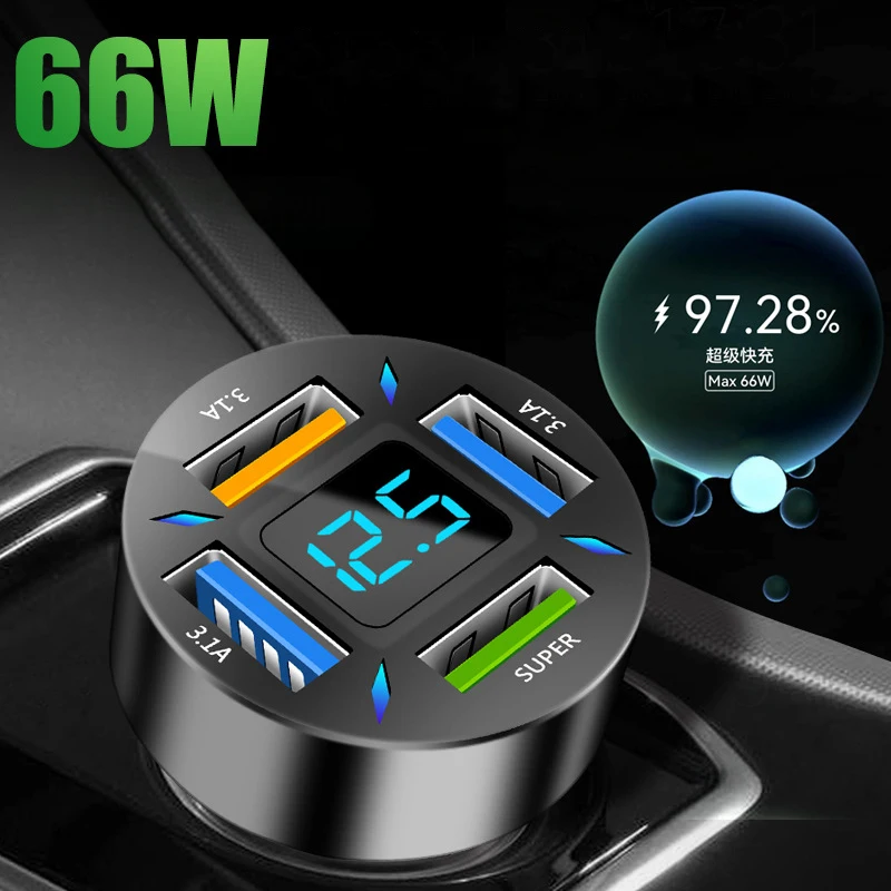 CJ712 Custom Logo Car Battery Voltage Detection Digital Display 4 USB Ports Super Charge Fast Charging PD QC3.0 USB Car Charger