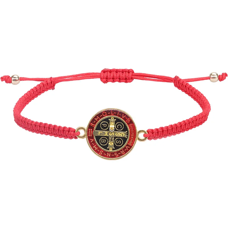 Catholic Religious Belief St. Benedict Cross Double sided Protection Medal Adjustable woven Bracelet set braided bracelets