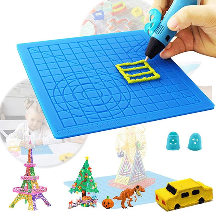 3D Printing Pen Design Mat Silicone Copy Templates 3D Pen Drawing Tools with Basic Shapes Silicone Finger-caps Blue