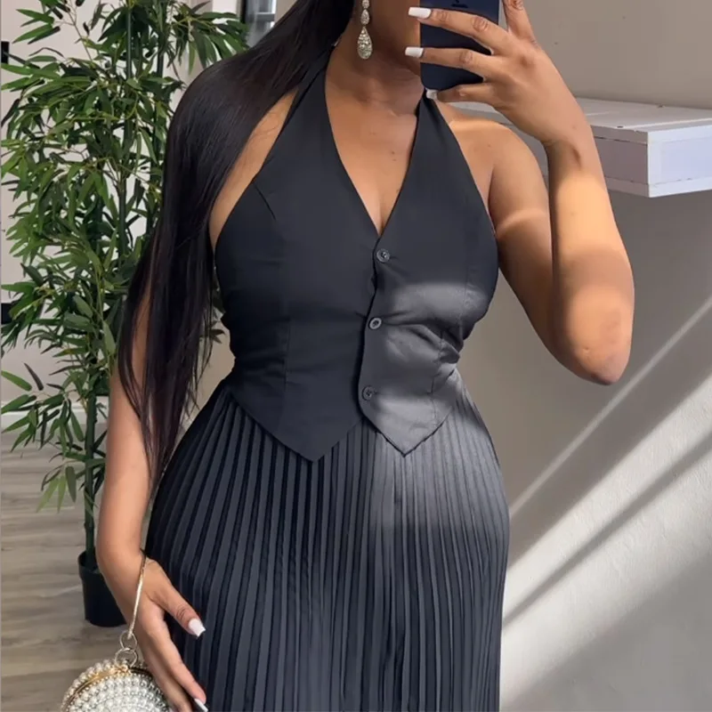 Custom New Design 2024 Summer Fashion Solid Color Button Hanging Neck Vest Top Half Skirt Casual Office Elegant 2 Piece Set