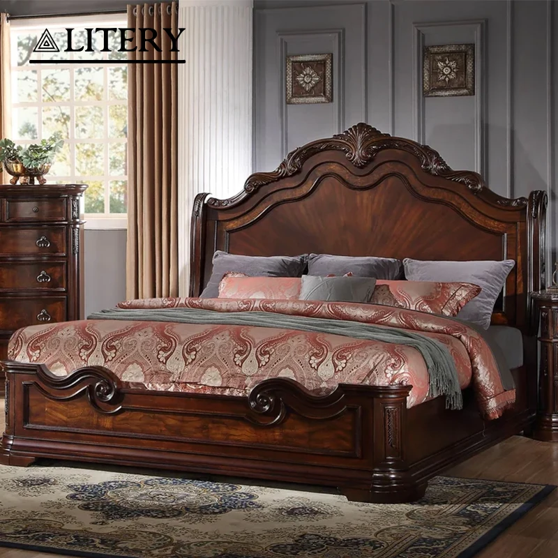 Classic Royal King Size Wooden Bed Frame with Ornate Carved Headboard and Rich Mahogany Finish Traditional Bedroom Furniture