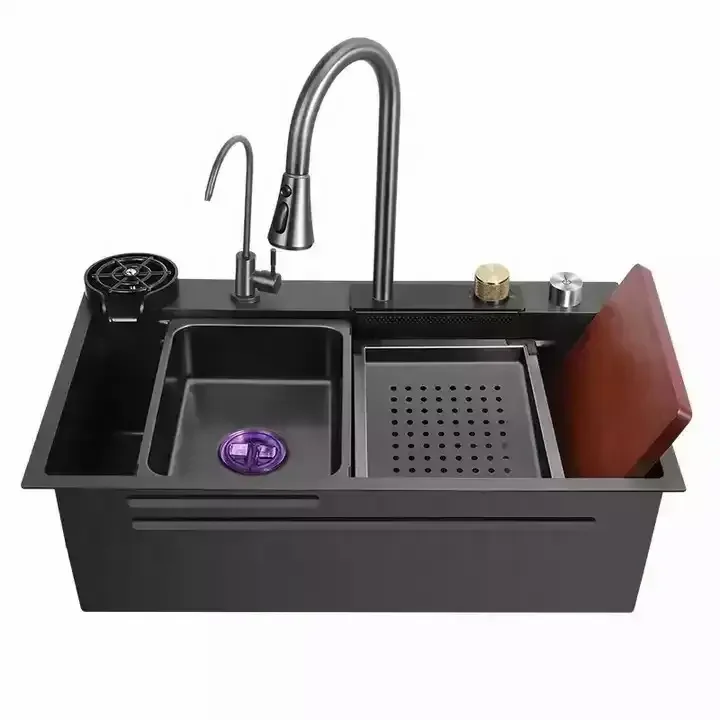 Dasen DS7741A luxury handmade stainless steel black nano waterfall faucet rainfall smart kitchen sink Multifunctional  sink