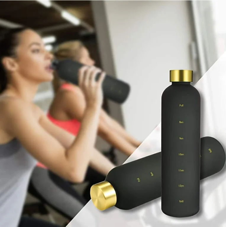 Water Bottle with Motivational Time Marker Reminder 32oz 1 Liter BPA Free Frosted Tritan Plastic Leakproof and Durable Water jug