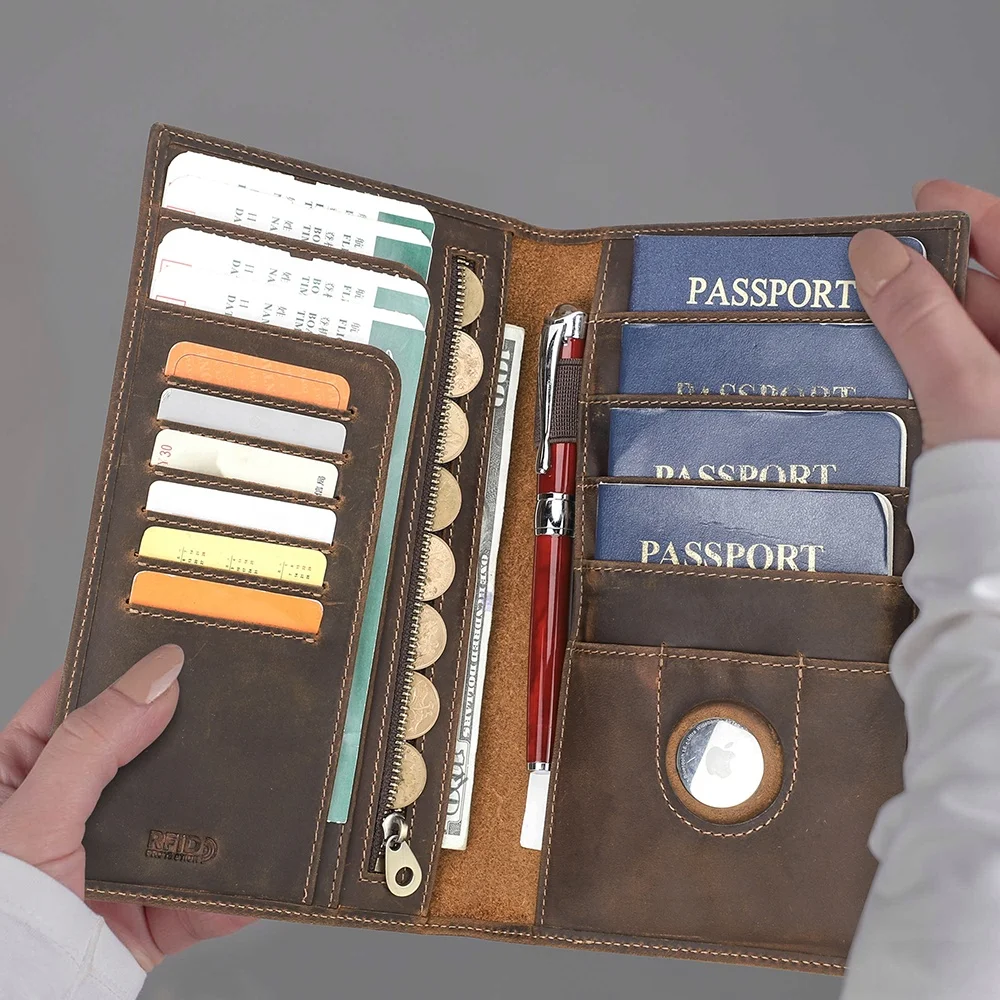 Custom Multi-function Slim Family Travel Leather Passport Holder Wallet Crazy Horse Leather Rfid Passport Clutch Wallet