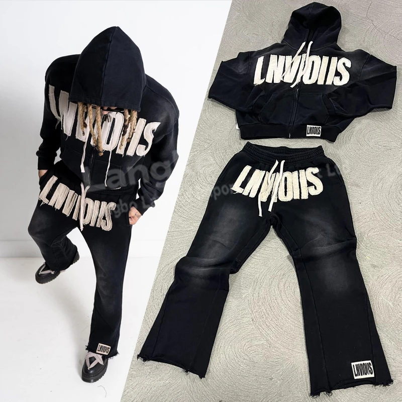 High Quality Tracksuit Manufacturer Men Customize Vintage Cotton Patch Sun Faded Distressed Acid Wash Zip Up Tracksuits for Men