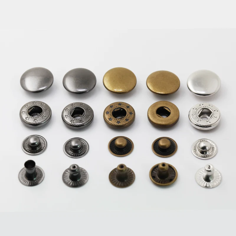 Высококачественные металлические кнопочные защелки для кожи, 15 мм, серебристые, черные, золотистые, латунные, четыре части