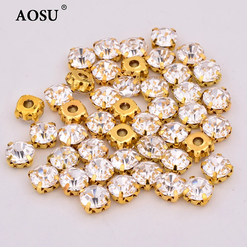 AOSU 6mm 7mm 8mm 10mm Gold Claw Crystal Stones Clear Flatback Diamond Strass Sewing Glass Rhinestones For Garment
