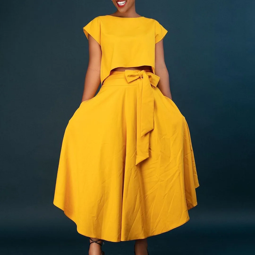 Summer new arrival fashion short top+lace up skirts sexy casual solid color plus size 2 pieces sets elegant suits women clothing