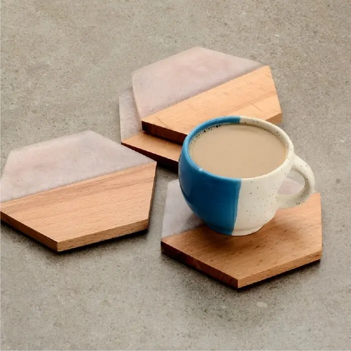 
Dinnerware New Design Hot selling Marble and Acacia Wood Hexagon Coaster Set 