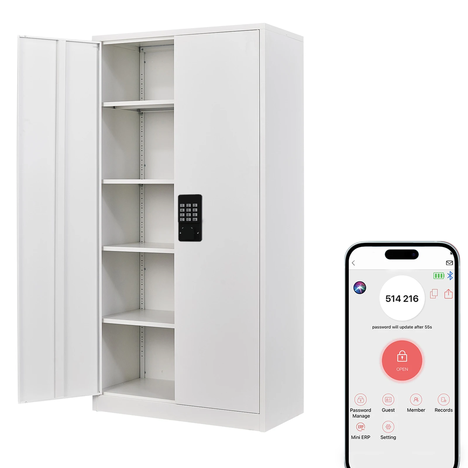 Metal Office Garage Storage Cabinet Steel Cupboard with 2 Doors and Shelves with smart lock