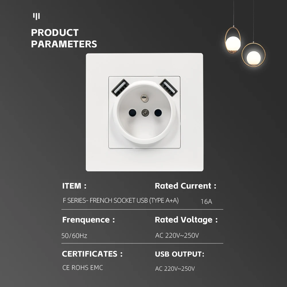Electrical Wall Mounted PC Plate Single French Socket With Type A+A USB Ports 2100mA EU Standard Switch And Socket