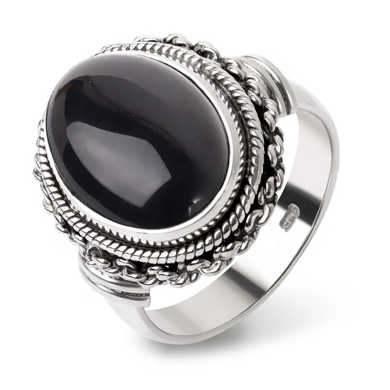 Classic Sterling 925 Silver Oval Black Onyx Aqeeq Rings For Men Double Rope Edge Chain Edge Band Ring