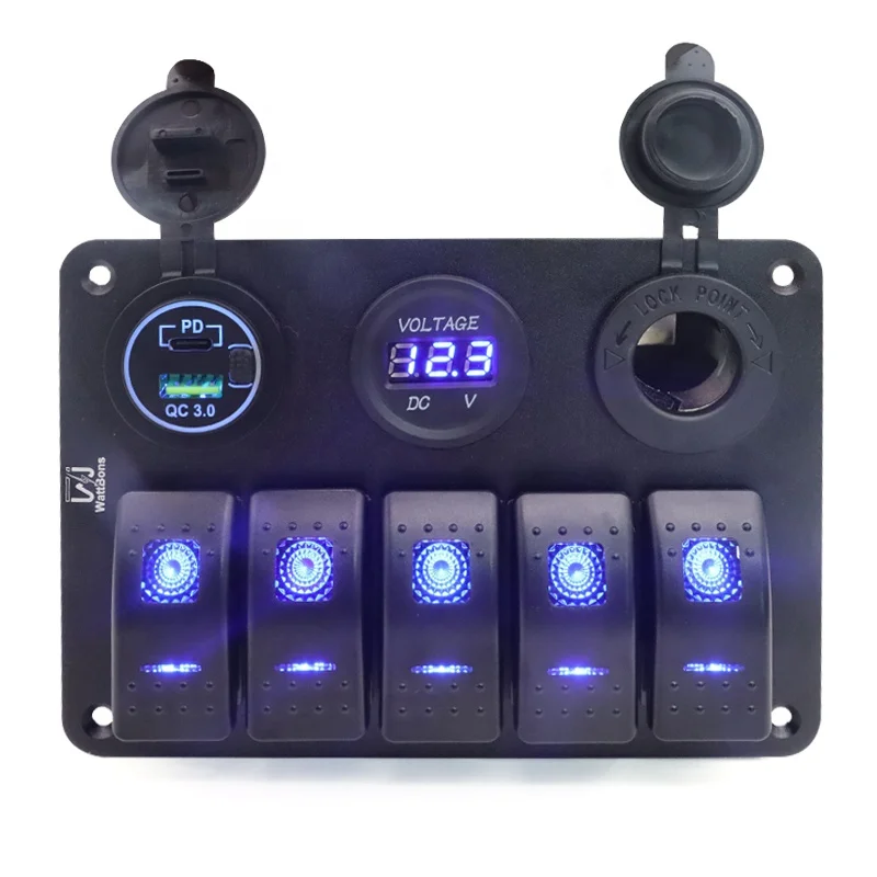 WattBons 5 Gang Marine Rocker Switch Panel with QC 3.0 Type C PD Car Dual USB Charger and Power Socket Voltmeter On off Switch