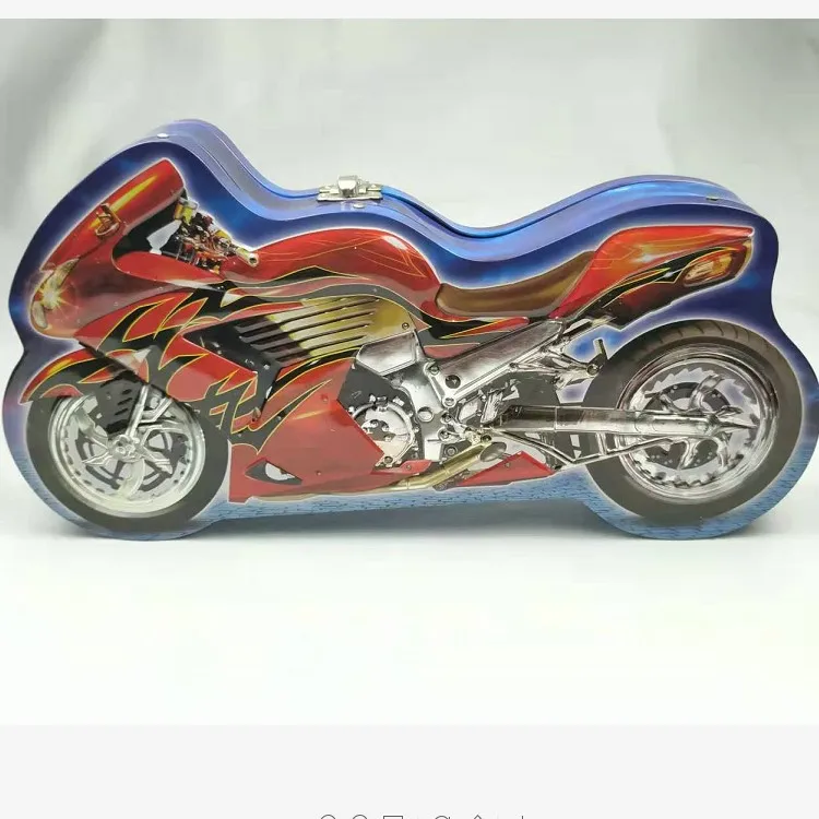 High quality children gift 2 wheels large motorcycle shaped tin box with lock