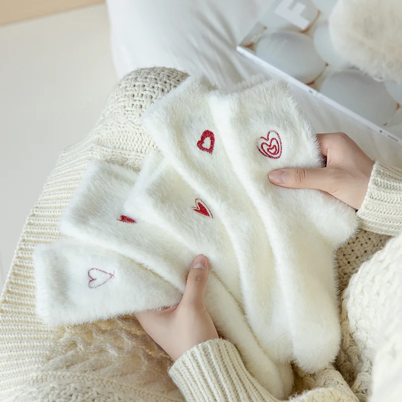 Winter Thicken Comfortable Soft Embroidery Heart Pattern Mink Plush Warm Socks Floor Slipper Furry Socks for Women