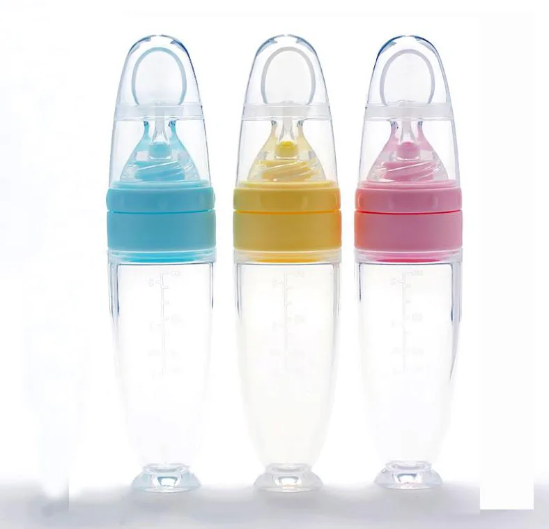 Wholesale Silicone Baby Toddler Feeding Bottle With Spoon Fresh Food Cereal Squeeze Feeder
