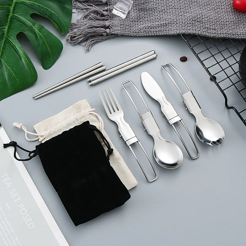304 stainless steel outdoor picnic travel portable foldable tableware set
