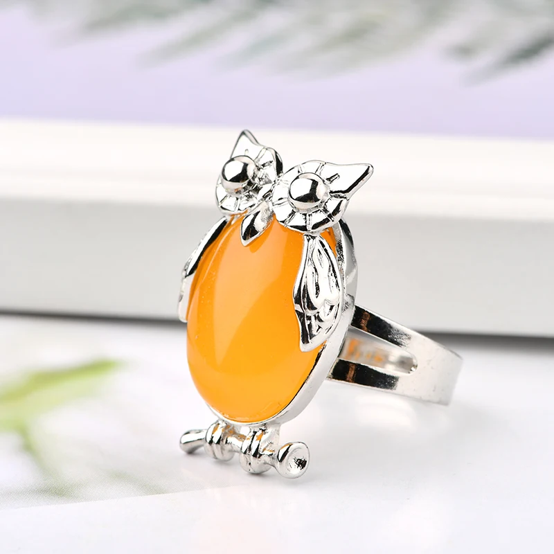 New Lovely Large Copper Bezel Oval Amethyst Adjustable Ring Animal Ring Owl Oval Crystal Ring