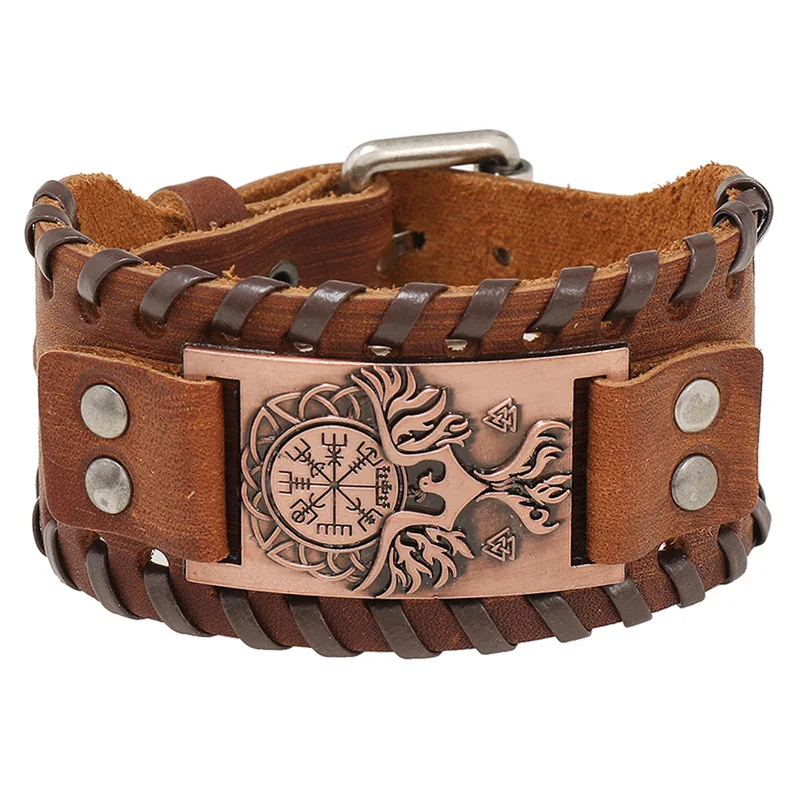 Nordic style Viking compass leather bracelet Retro punk jewelry vikings valhalla bangle for men