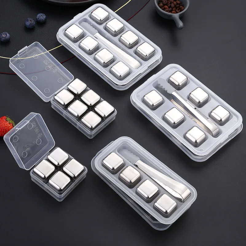 Reusable 304 Stainless Steel Chilling Wine Whiskey Stone with Tongs And Storage Box Mini Ice Cube