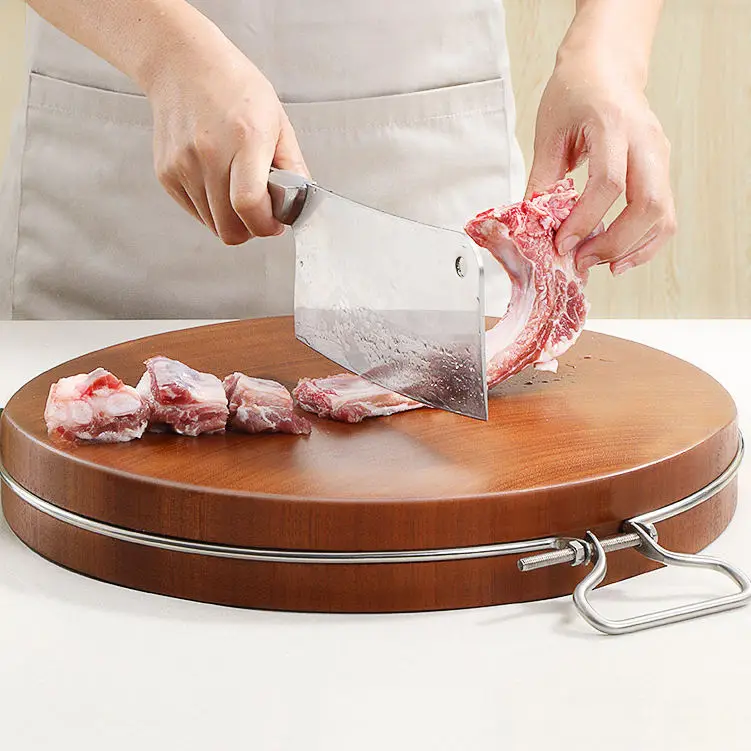 Custom Size Kitchen Thick Natural Eco-Friendly Safe Round Cutting Wood Board With Metal Handle
