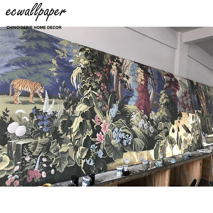 Hand-Painted Forest Wall Mural Tropical Jungle Mural Wallpaper