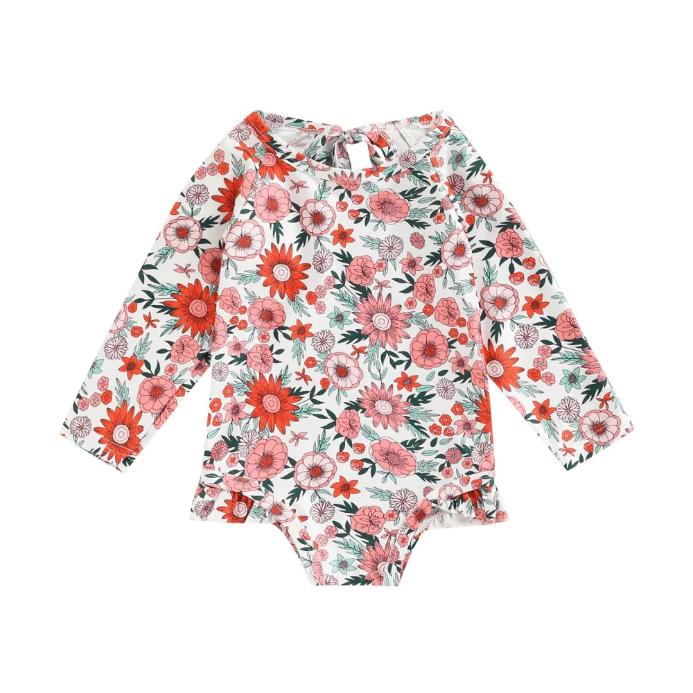 Cute Toddler Baby Girl Swimwear Long Sleeve Infant Bathing Suits Floral Heart Print Ruffle Swimsuit Kids Summer Beachwear (1600493283413)