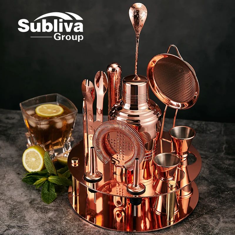12 Piece Copper Plated Cocktail Set With Round Stand