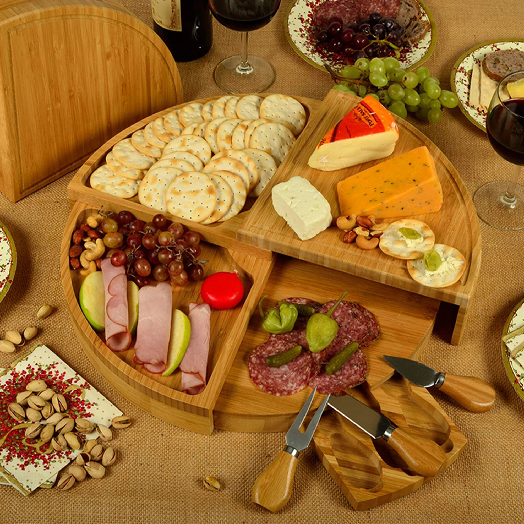 Bamboo Cutting Board With 3 Knife Rotatable Round Cheese Serving Platter Folding Cutting Boards For Fruit Meat