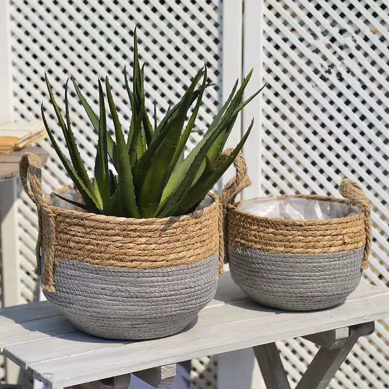 
Home Decor Stitching Khaki Floor Indoor Planters Woven Plant Basket Modern Woven Sewing Plant Basket 