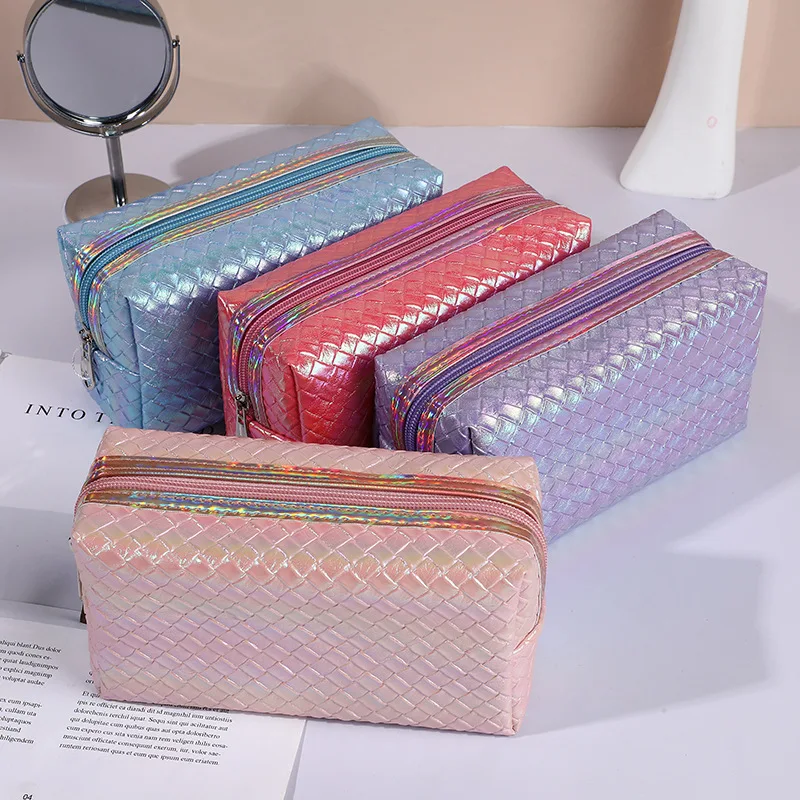 New Laser Square Color Woven Pattern Pu Leather Women Travel Cosmetic Storage Travel Toiletry Zipper Makeup Brush Bag Ladies