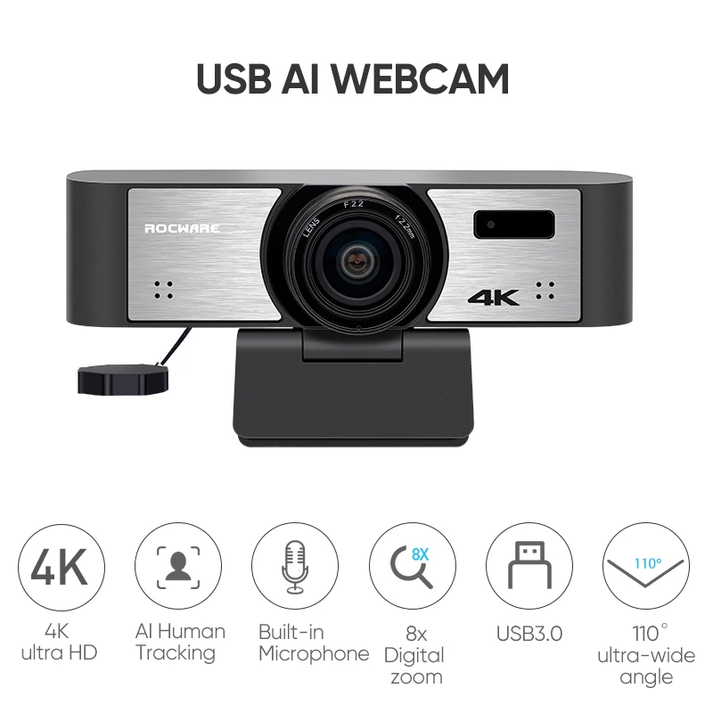  Rocware smart 4K ultra HD auto framing AI tracking PC USB Webcam with Microphone for Game streaming meeting education