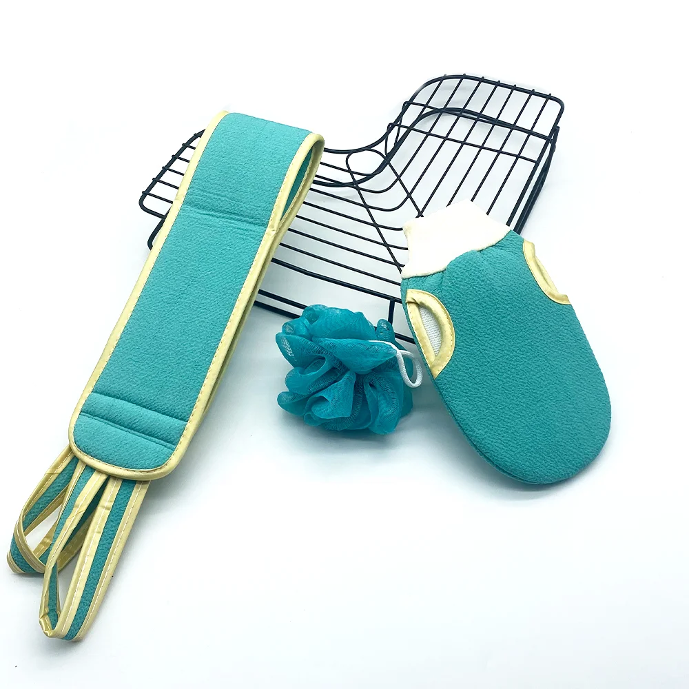 3pcs Bath Supplies Set Bath Durable Fibre Body Scrubber Finger Exfoliating Gloves and Belt Set for Shower