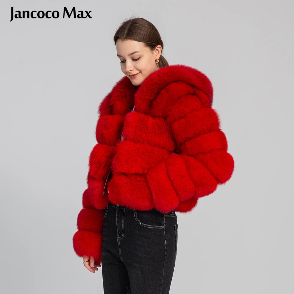 Red Color Warm Thick Long Sleeve Fur Jacket Winter Real Fox Fur Coat Women with Hood