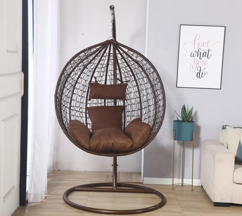 Plastic PE rattan gold leg frame iron metal Basket cushion seat egg Hanging chair patio swing set