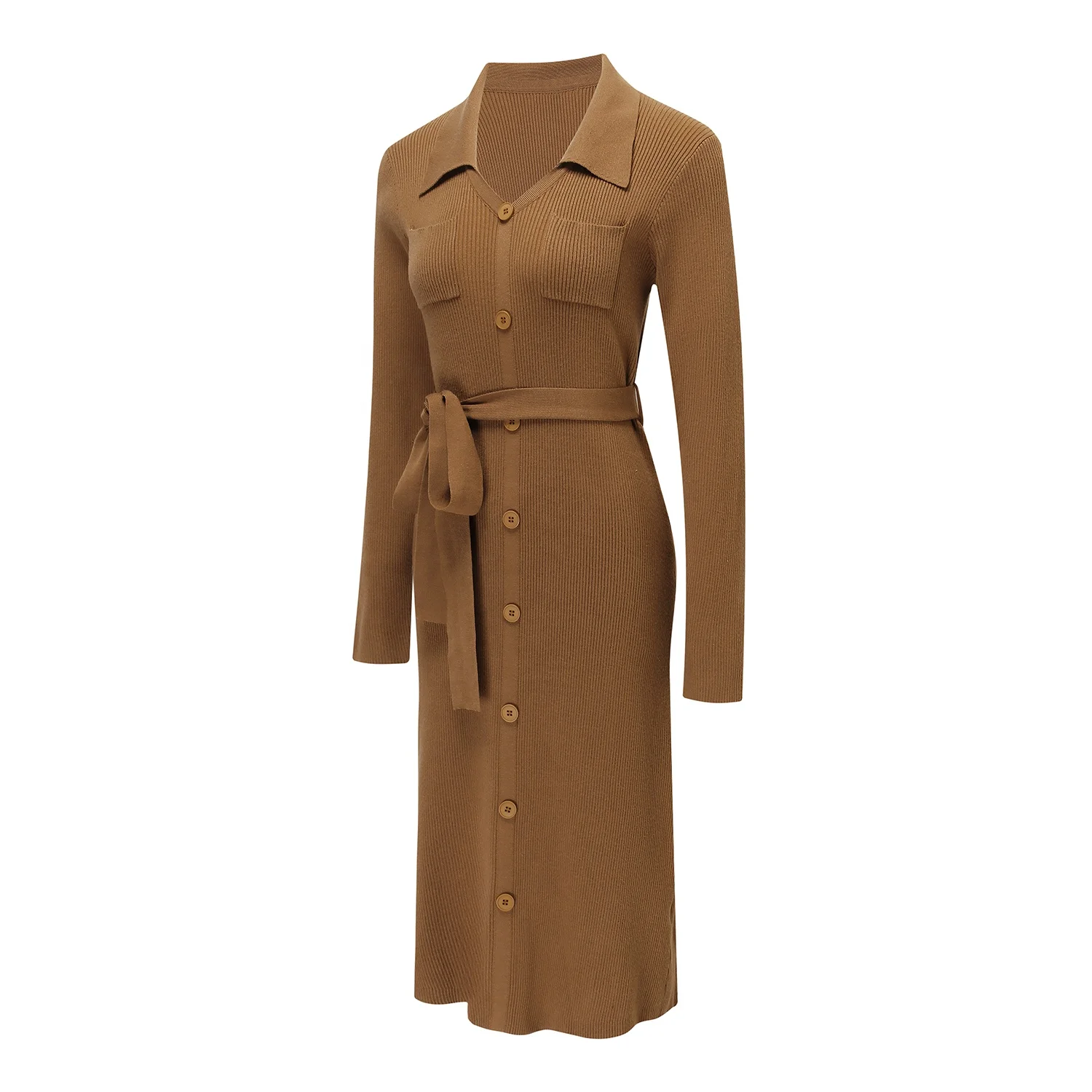 Custom Dress Manufacturer Women V Neck Long Sleeve Bodycon Sweater Dress Button Up Tie Waist Ribbed Knit Midi Shirt Dress